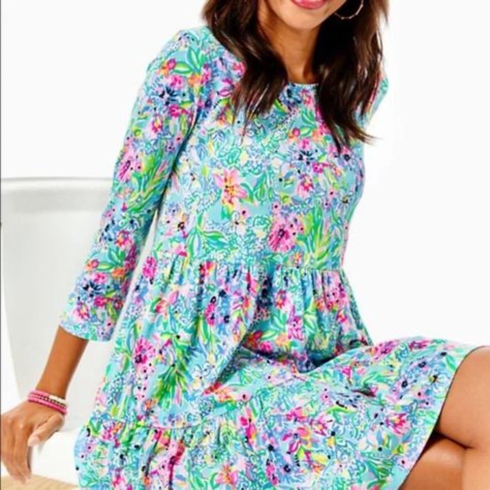 Lilly Pulitzer "Geanna" Aqua Floral Tiered Swing Dress